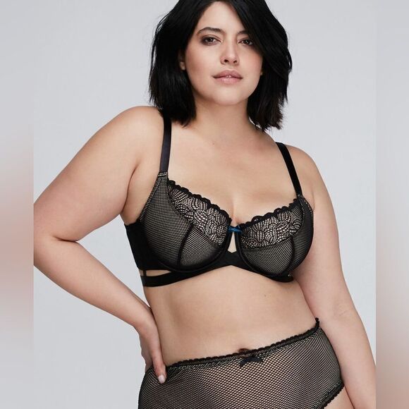 CACIQUE LANE BRYANT FISHNET & LACE LIGHTLY LINED FRENCH BALCONETTE BRA 36DDD - Picture 1 of 10